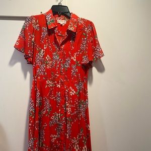 Red floral button up dress with short sleeves